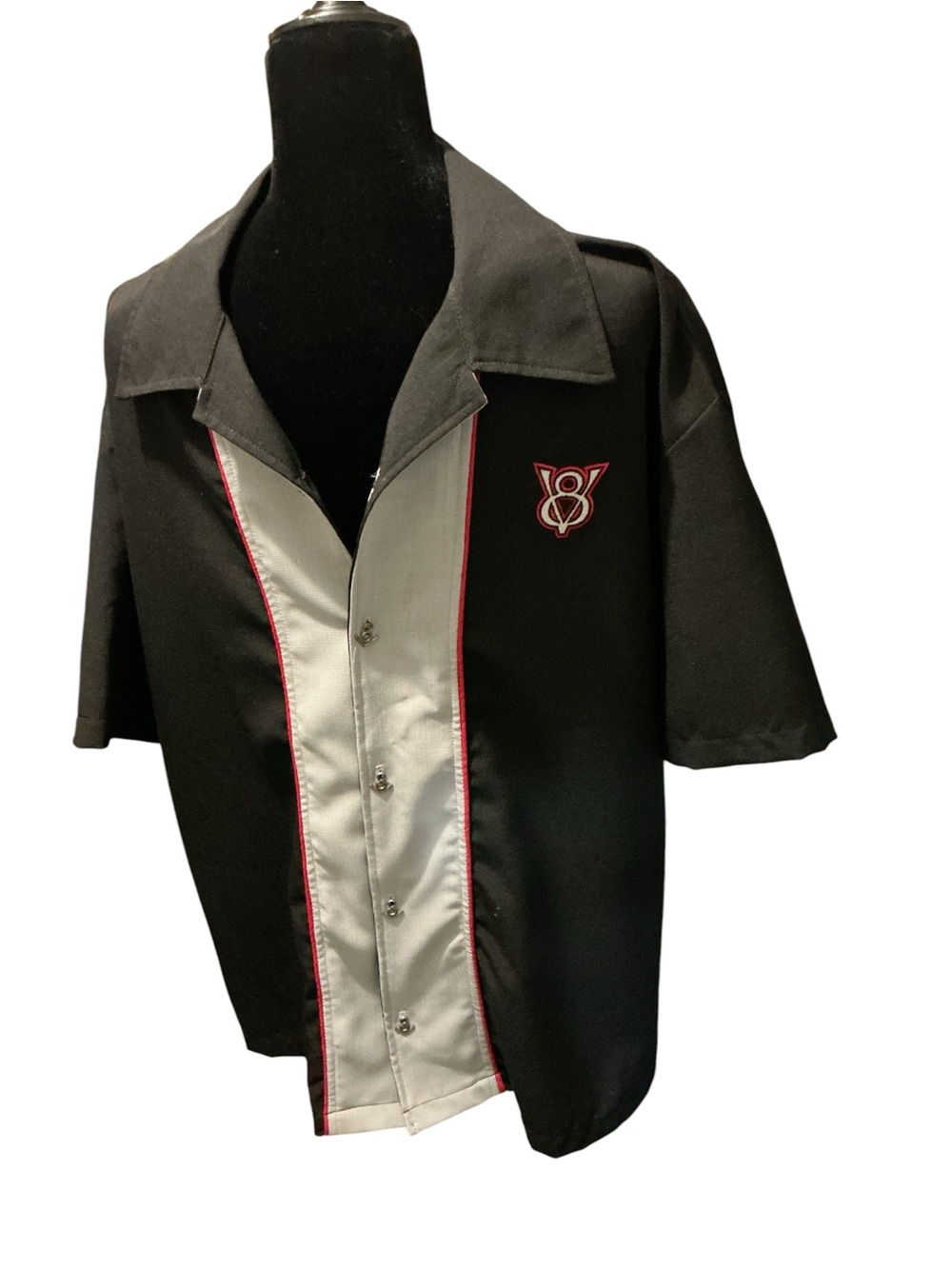 Men's Black & Gray Short-Sleeve Bowling Shirt with V8 Patch